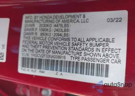 2022 Honda Accord Sport 2.0T z USA, uszkodzony, nr VIN 1HGCV2F33NA008916